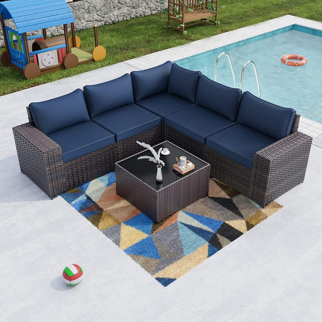 Kullavik 6PCS Outdoor Patio Furniture Set,PE Wicker Rattan Sectional Sofa Patio Conversation Sets,Navy Blue