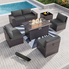 Load image into Gallery viewer, Kullavik 7 PCS Outdoor Patio Furniture Set with 43&quot; 55000BTU Gas Propane Fire Pit Table PE Wicker Rattan Sectional Sofa Patio Conversation Sets for Outdoor,Grey
