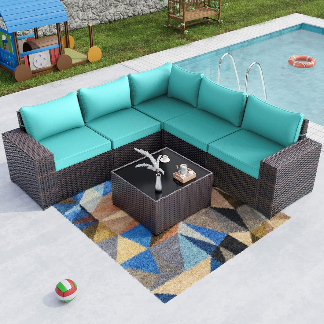 Kullavik 6 Pieces Outdoor Patio Furniture Set,PE Wicker Rattan Sectional Sofa Patio Conversation Sets,Blue