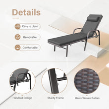 Load image into Gallery viewer, 3-Piece Outdoor Wicker Chaise Lounge with Armrests and Black Cushions.
