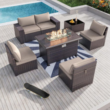 Load image into Gallery viewer, Kullavik 7 Pieces Outdoor Patio Furniture Set with 43&quot; 55000BTU Gas Propane Fire Pit Table PE Wicker Rattan Sectional Sofa Patio Conversation Sets,Khaki
