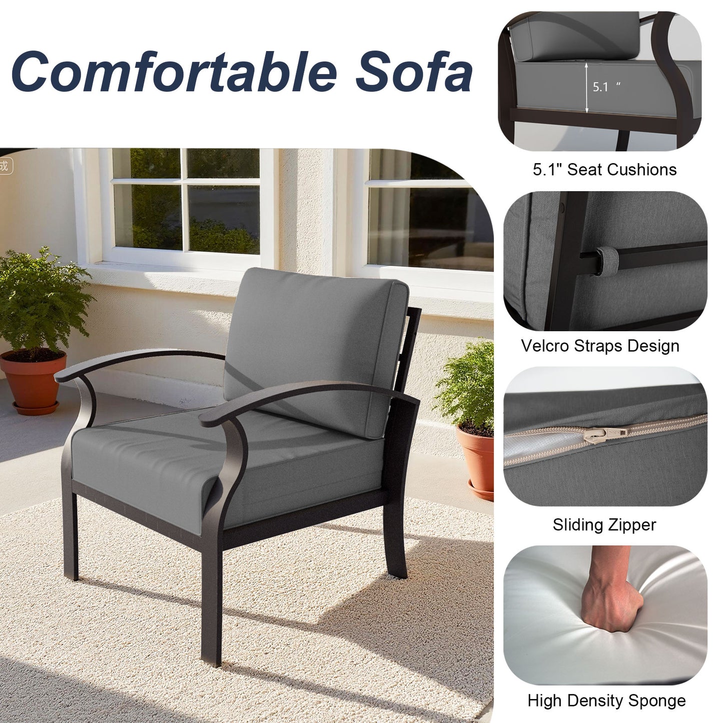 ALAULM 6-Seat Aluminum Patio Furniture Set, Outdoor Patio Conversation Set with Rectangular Metal Coffee Tables and 5.1" Cushions for Patio Backyard Poolside