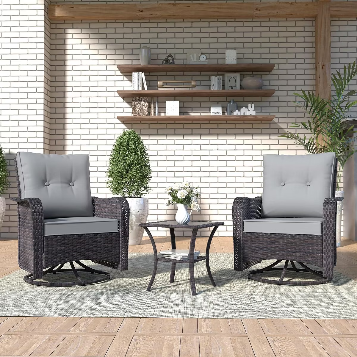 Kullavik 3PCS Wicker Rocking Chair Swivel Chairs, Patio Furniture Set Rattan Rocking Bistro Sets with Coffee Table for Outdoor Porch Deck Garden Backyard,Sand