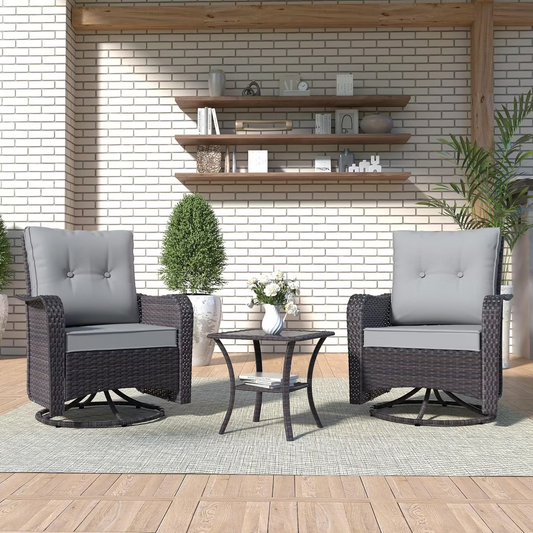 Kullavik 3PCS Wicker Rocking Chair Swivel Chairs, Patio Furniture Set Rattan Rocking Bistro Sets with Coffee Table for Outdoor Porch Deck Garden Backyard,Sand