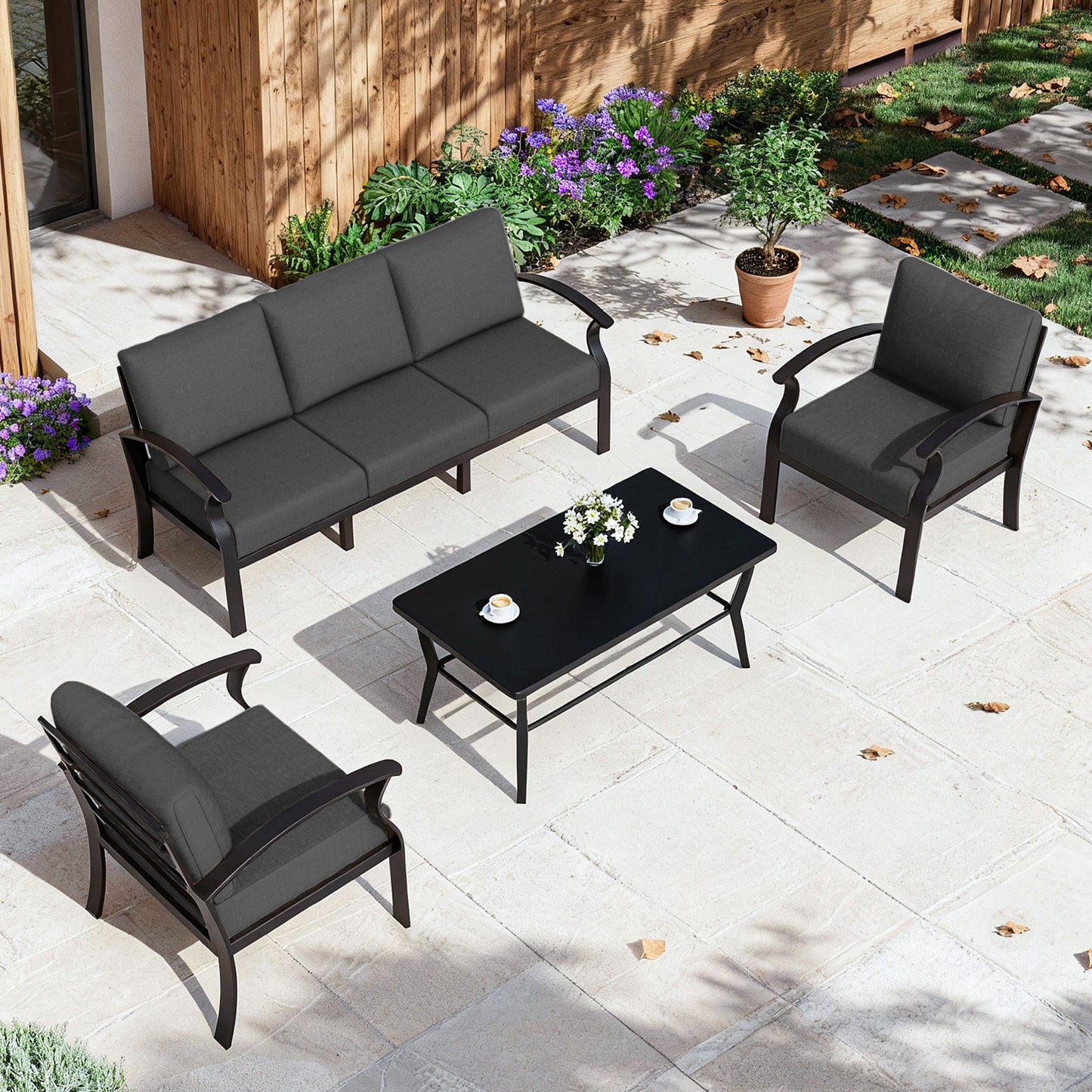ALAULM 5-Seat Aluminum Patio Furniture Set, Outdoor Patio Conversation Set with Rectangular Metal Coffee Table and 5.1" Cushions for Patio Backyard Poolside，Sand