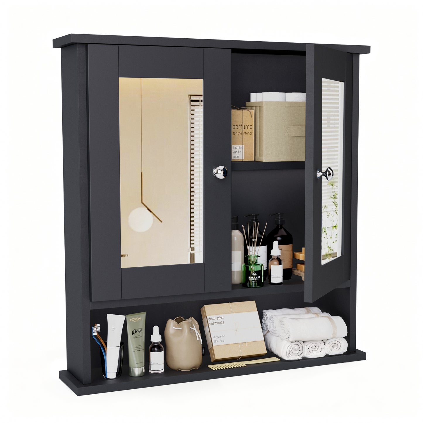 ASJMR Bathroom Wall Cabinet with Mirror, Bathroom Medicine Cabinet with 2 Doors , Wall-mounted Storage Cabinet with Adjustable Shelves (Suitable for Bathrooms, Laundry Rooms and Kitchens), Black