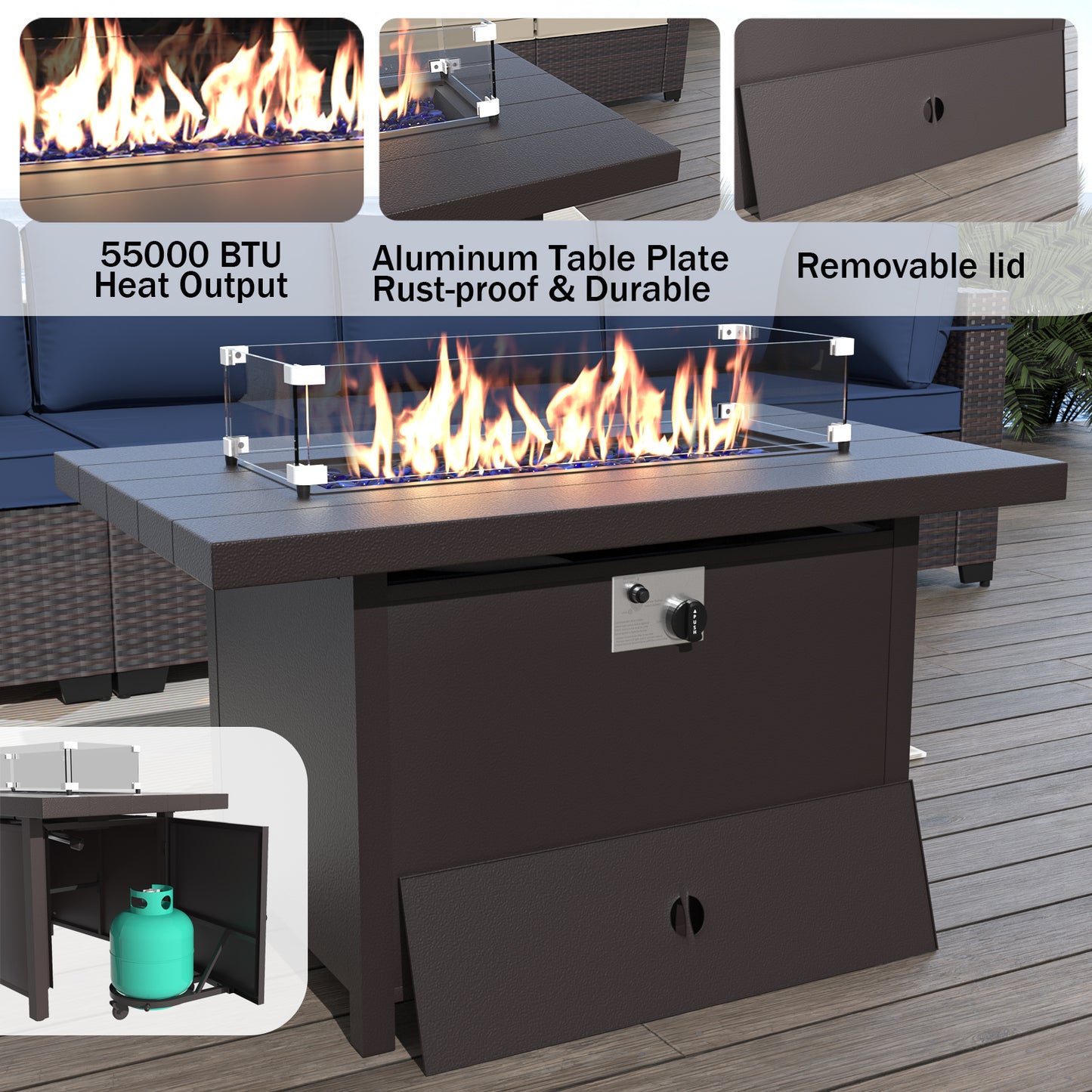 ALAULM 8 Pcs Patio Furniture Set withStainless Steel Gas Fire Pit Table, Brown/Blue
