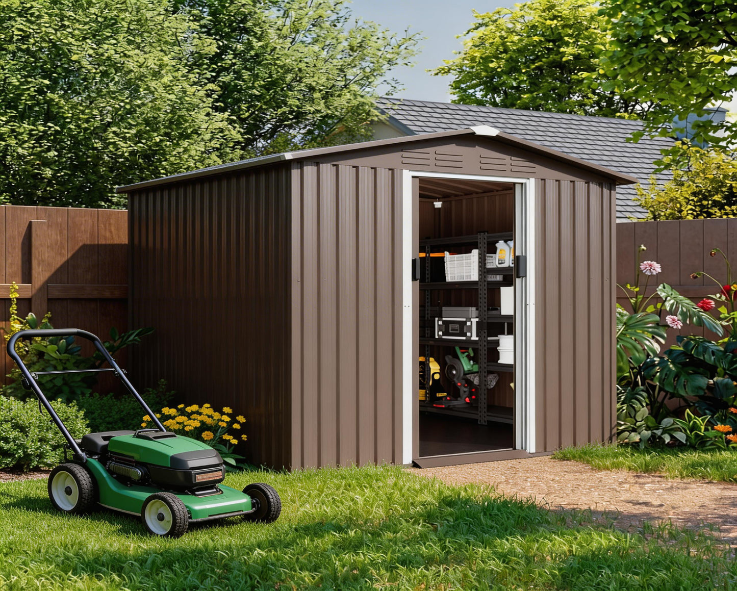 ALAULM 8FT x 6FT Outdoor Storage Shed with Floor and Lockable Doors,Waterproof Metal Garden Tool Shed,Galvanized Steel shed for Backyard,Garden,Patio
