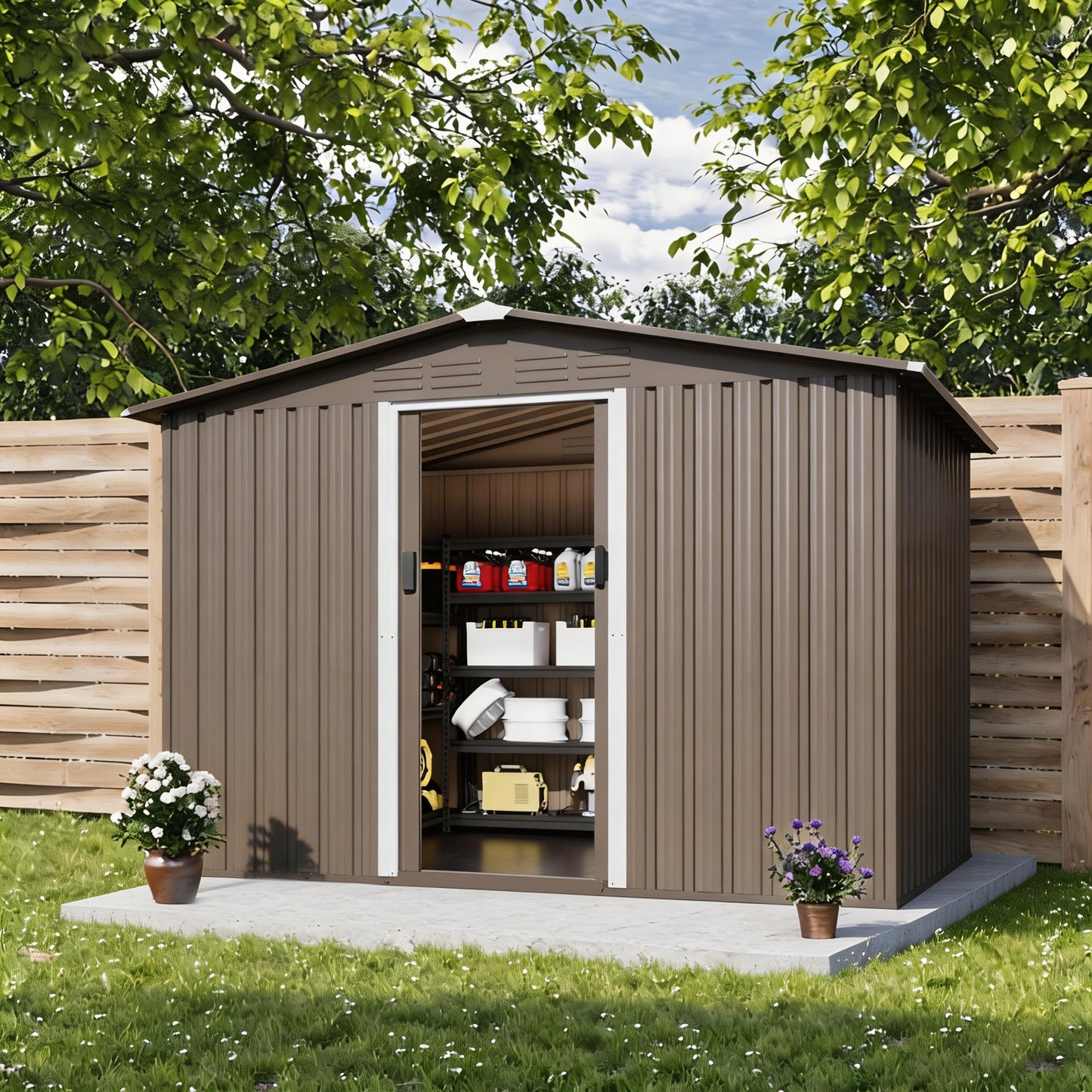 ALAULM 8FT x 6FT Outdoor Storage Shed with Floor and Lockable Doors,Waterproof Metal Garden Tool Shed,Galvanized Steel shed for Backyard,Garden,Patio