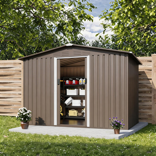 ALAULM 8FT x 6FT Outdoor Storage Shed with Floor and Lockable Doors,Waterproof Metal Garden Tool Shed,Galvanized Steel shed for Backyard,Garden,Patio