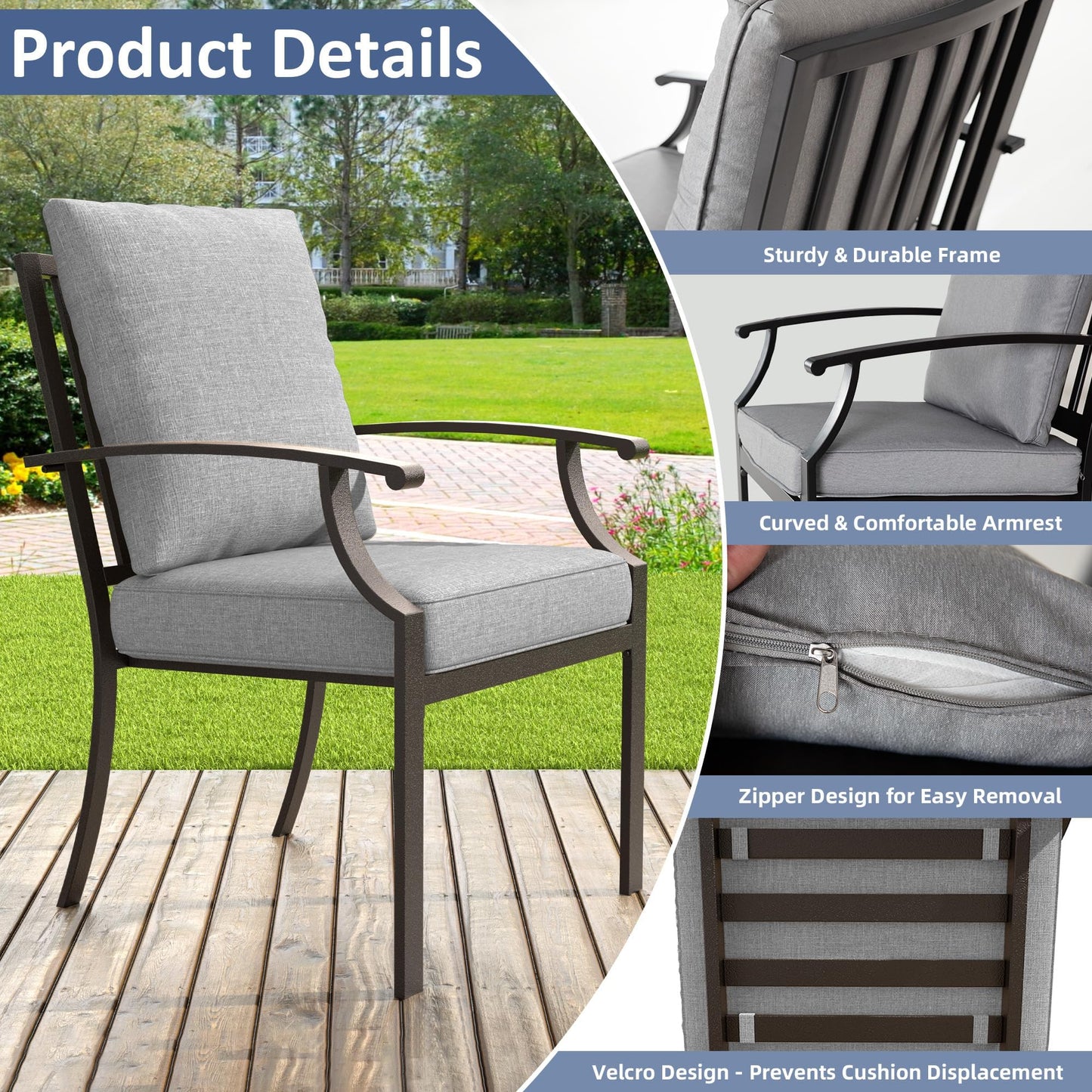 ALAULM Outdoor Dining Chairs Set, Stackabl Patio Dining Chairs with Arms for All Weather, Heavy Duty Dark Brown Powder-Coated Metal Patio Chairs 450LBS, for Backyard Garden Lawn