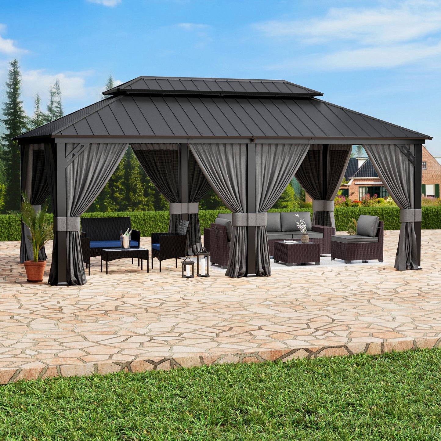 ASJMR Wall Mounted Gazebo with Polycarbonate Roof,Metal Frame Lean to Gazebo With Double Curtains for Garden Lawn Backyard Deck