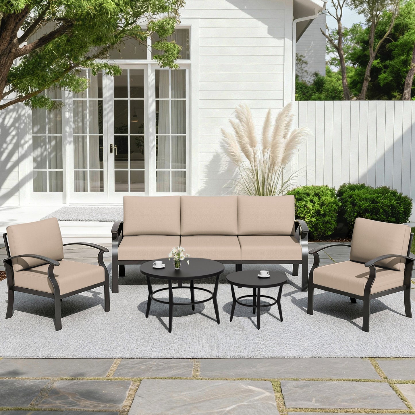 ALAULM 5-Seat Aluminum Patio Furniture Set, Outdoor Patio Conversation Set with 2 Round Metal Coffee Tables and 5.1" Cushions for Patio Backyard Poolside