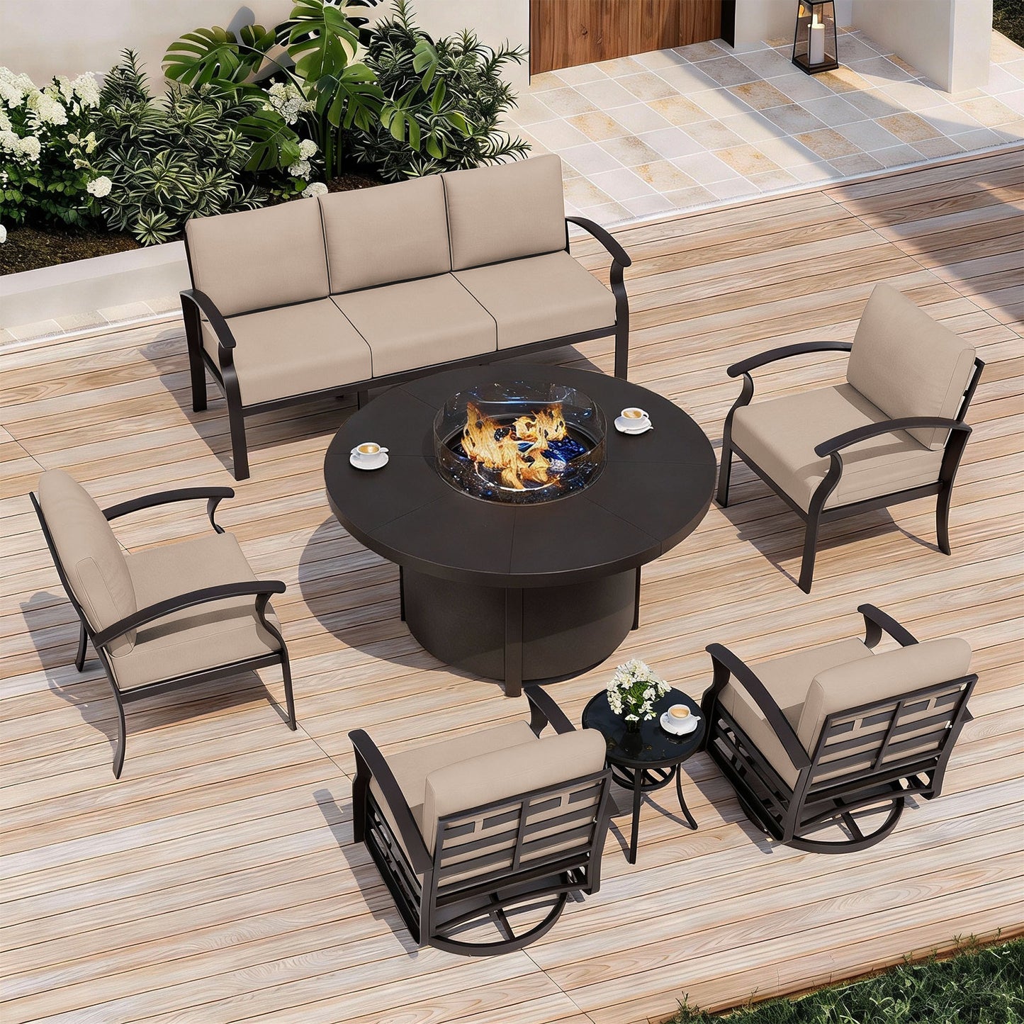 ALAULM Aluminium Patio Furniture Set with Swivel Chairs, 7-Seater Metal Outdoor Furniture Patio Sectional Sofas Patio Conversation Set with 2 swivel chairs For Patio, Backyard, Poolside