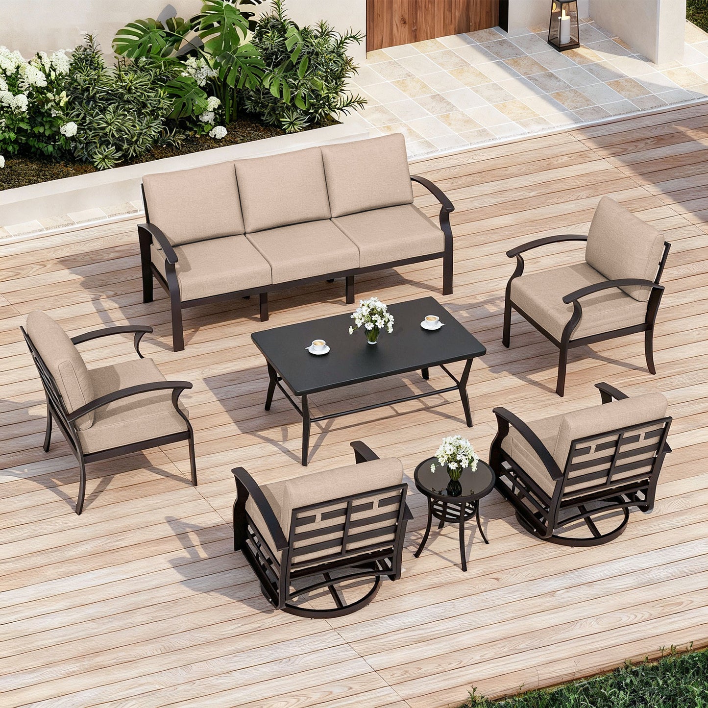 ALAULM 7-Seat Aluminum Patio Furniture Set, Outdoor Patio Conversation Set with Rectangular Metal Coffee Tables and 5.1" Cushions for Patio Backyard Poolside