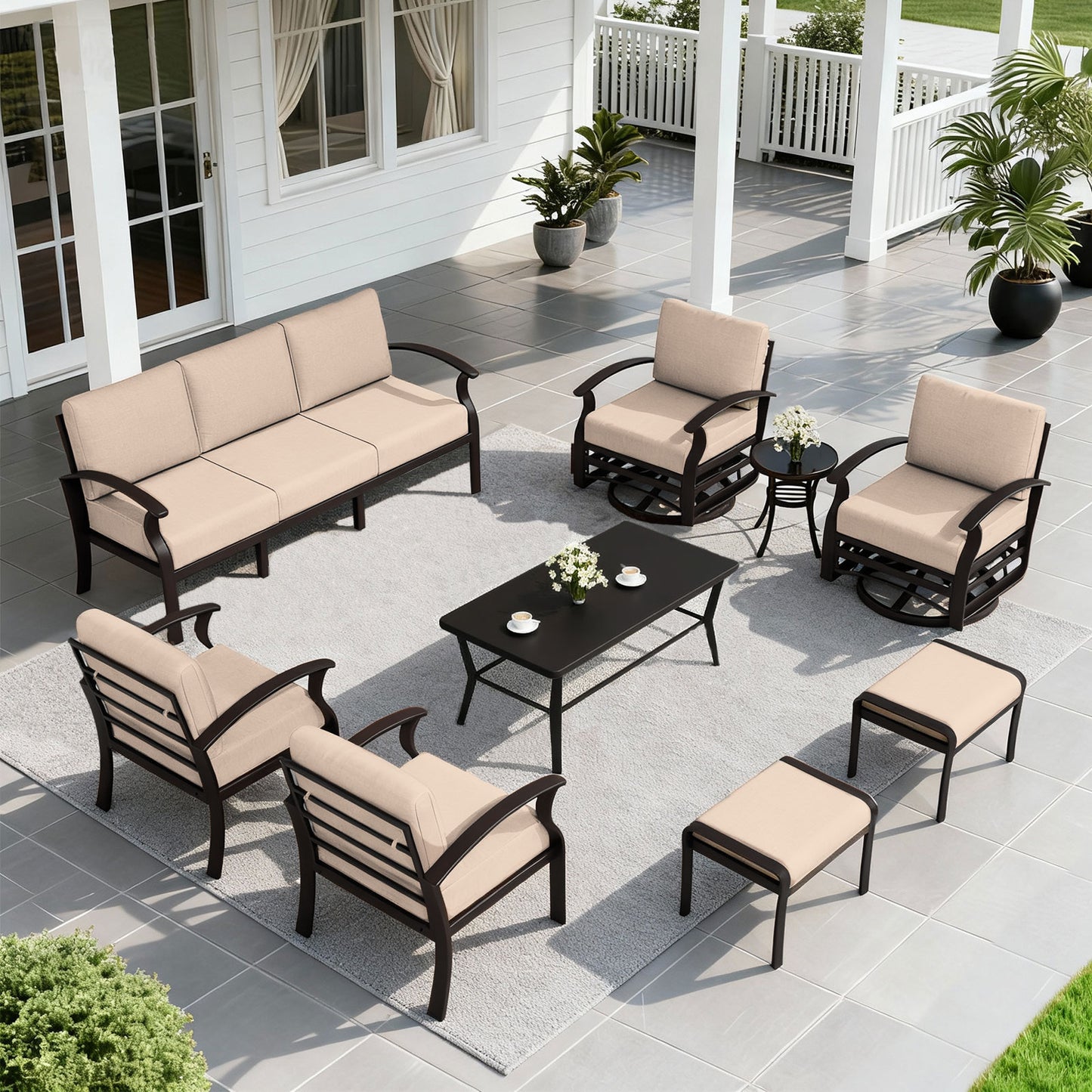 ALAULM 9-Seat Aluminum Patio Furniture Set, Outdoor Patio Conversation Set with Rectangular Metal Coffee Tables and 5.1" Cushions for Patio Backyard Poolside
