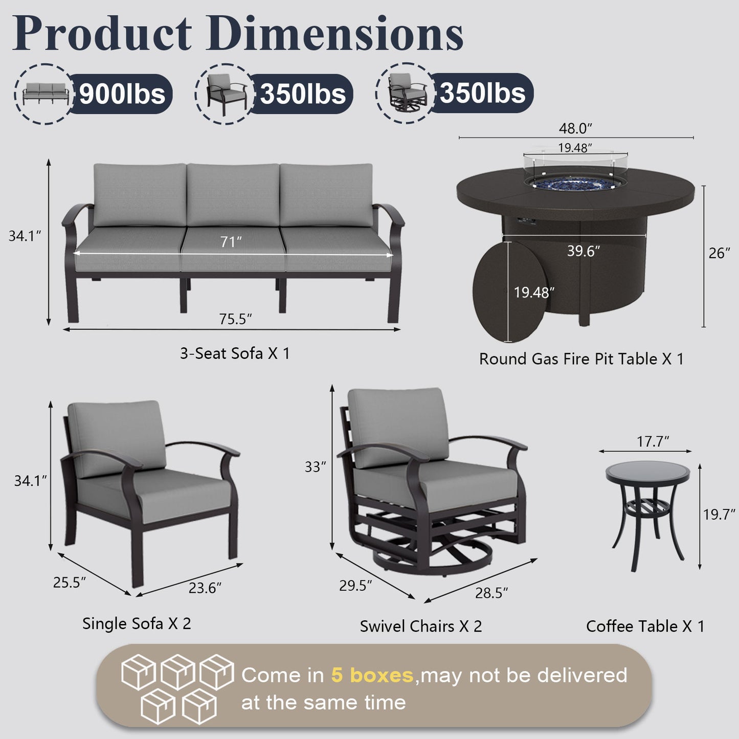 ALAULM Aluminium Patio Furniture Set with Swivel Chairs, 7-Seater Metal Outdoor Furniture Patio Sectional Sofas Patio Conversation Set with 2 swivel chairs For Patio, Backyard, Poolside