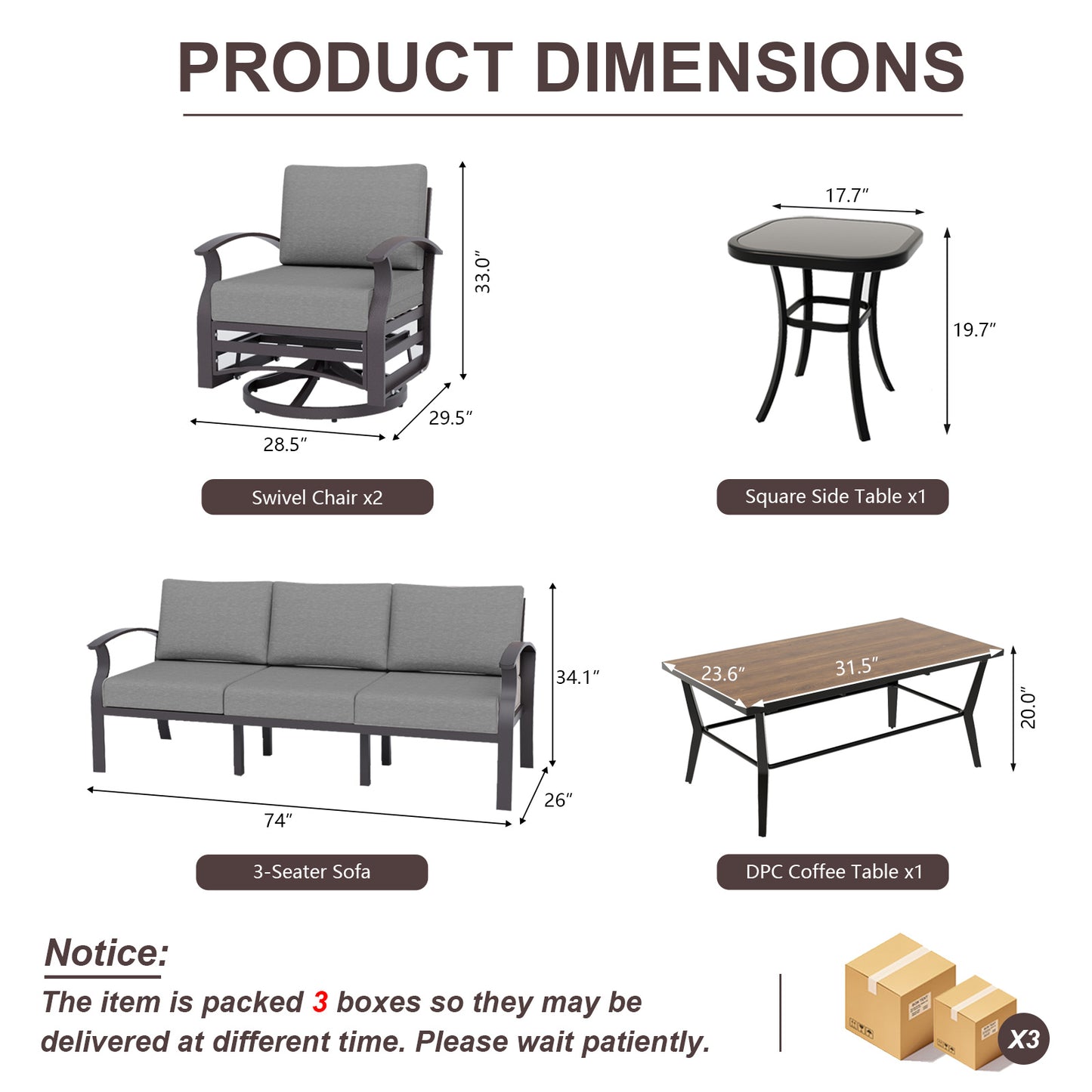 ALAULM Aluminum Patio Furniture Set with Coffee Table Rectangular, 5-seat Outdoor Sectional Furniture w/2 Swivel Chairs, Patio Conversation Set for Porch, Backyard, Poolside