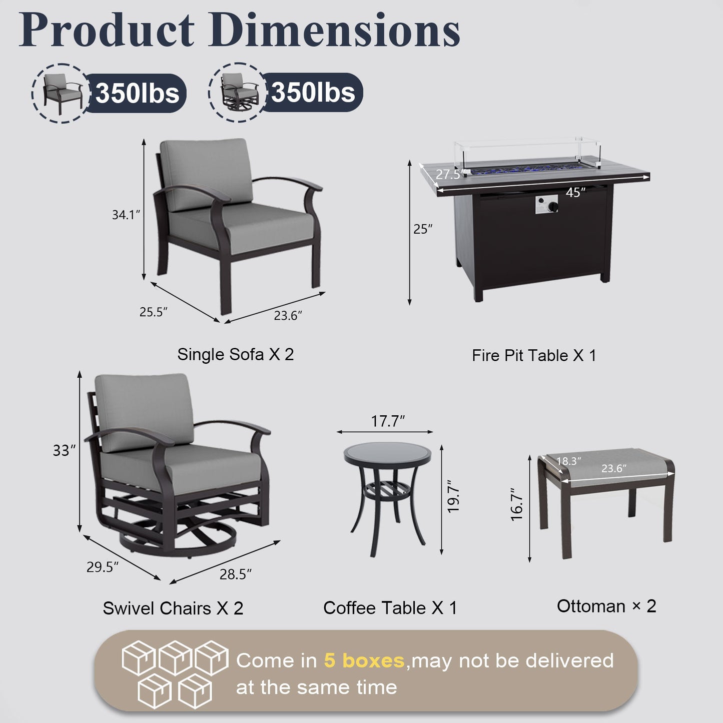 ALAULM 6-Seat Aluminum Patio Furniture Set, Outdoor Patio Conversation Set with Propane Fire Pit Table and 5.1" Cushions for Patio Backyard Poolside, Sand