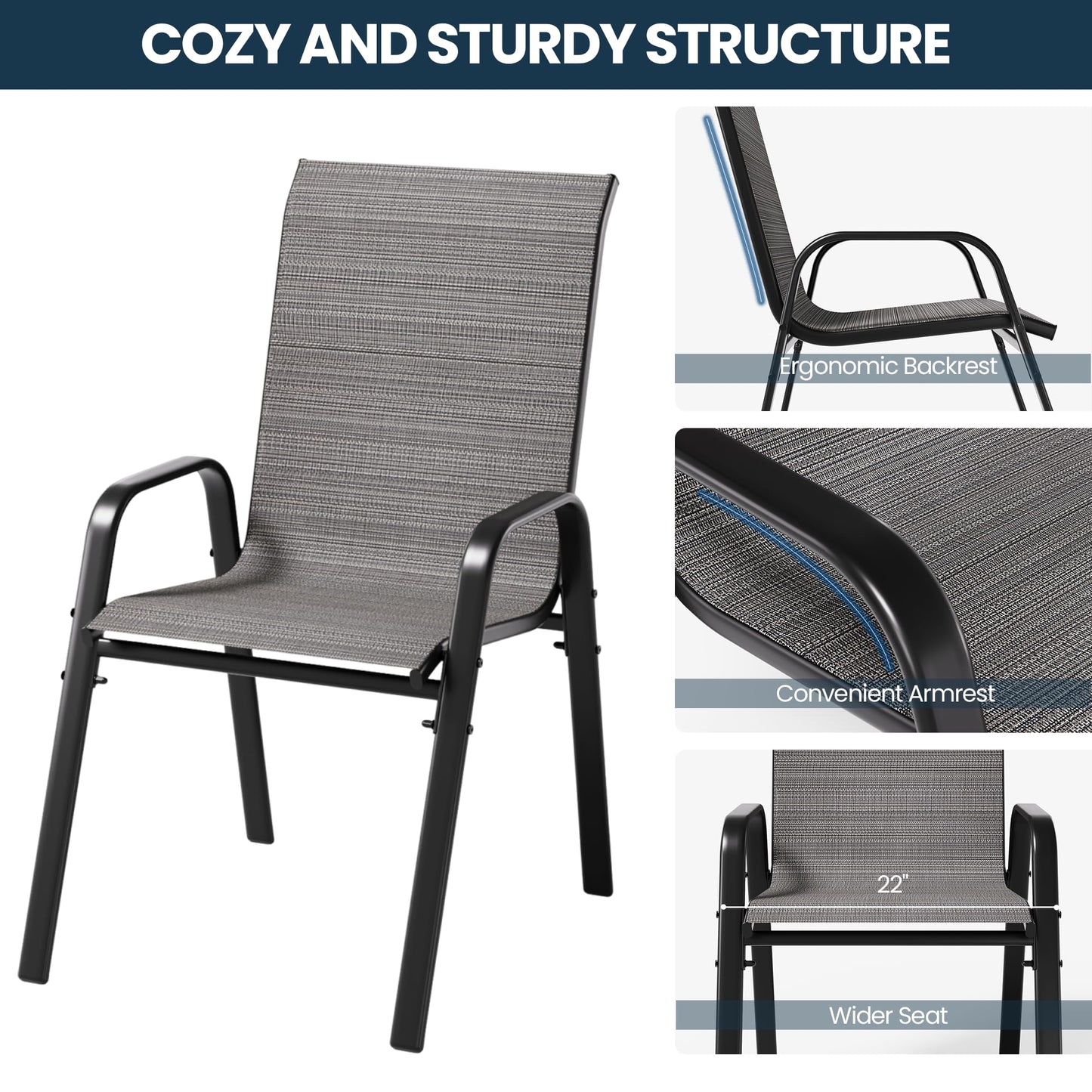 Gotland Set of 4 Patio Chairs, Stackable Textilene High Back Outdoor Dining Chairs, All Weather Metal Frame Outdoor Chairs for Backyard Garden Deck, Brown