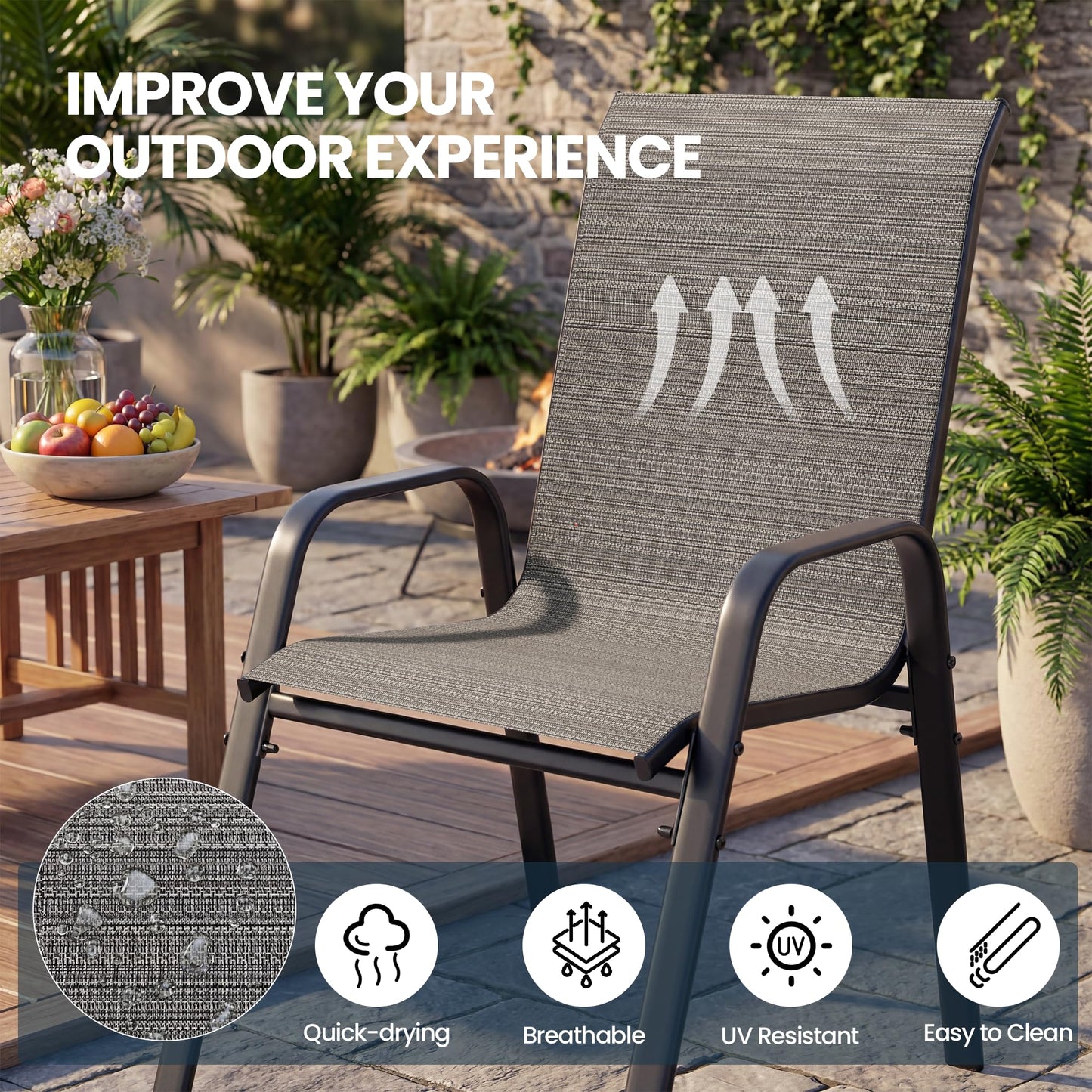 Gotland Set of 4 Patio Chairs, Stackable Textilene High Back Outdoor Dining Chairs, All Weather Metal Frame Outdoor Chairs for Backyard Garden Deck, Brown