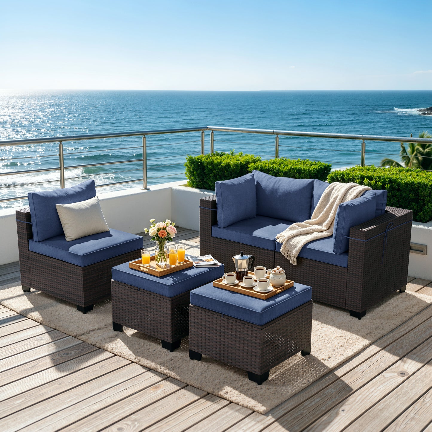 ALAULM 9PCS Outdoor Conversation Set, Thick Backrest Patio PE Rattan Wicker Sectional Sofas with Ottoman for Backyard, Porch, Sand