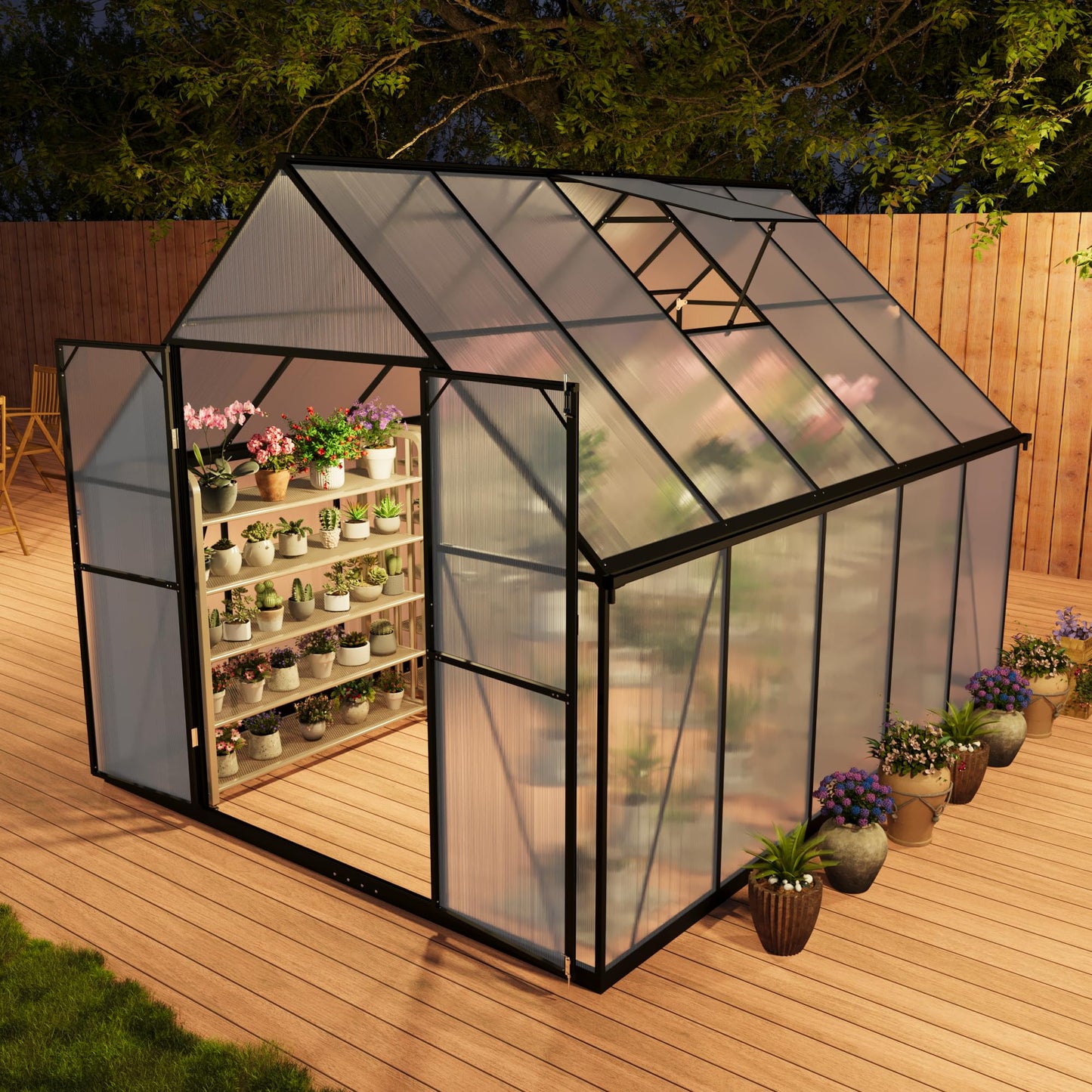 Gotland 8x6FT Greenhouses for Outdoors, Outdoor Greenhouse with Adjustable Roof Vent Aluminum Frame Dual-Side Rain Gutters Ground Nails Secure Lock Polycarbonate Panels for Garden, Patio