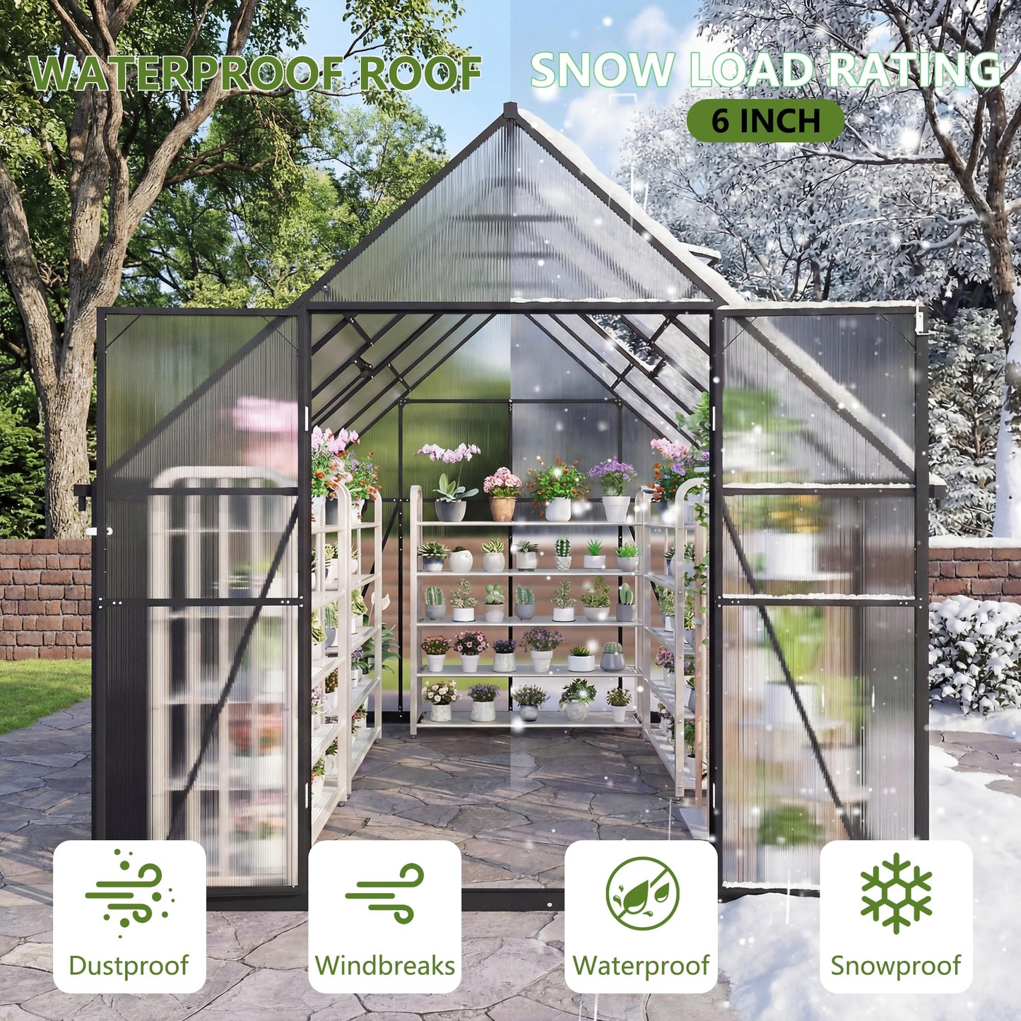 Gotland 8x6FT Greenhouses for Outdoors, Outdoor Greenhouse with Adjustable Roof Vent Aluminum Frame Dual-Side Rain Gutters Ground Nails Secure Lock Polycarbonate Panels for Garden, Patio