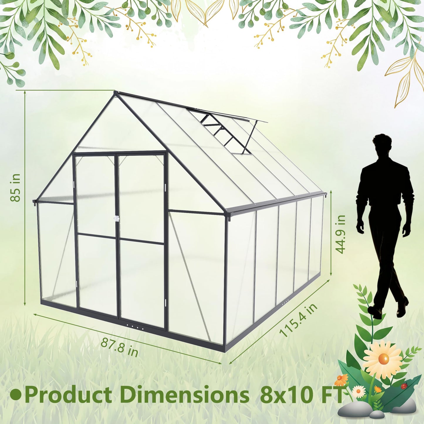 Gotland 8x6FT Greenhouses for Outdoors, Outdoor Greenhouse with Adjustable Roof Vent Aluminum Frame Dual-Side Rain Gutters Ground Nails Secure Lock Polycarbonate Panels for Garden, Patio