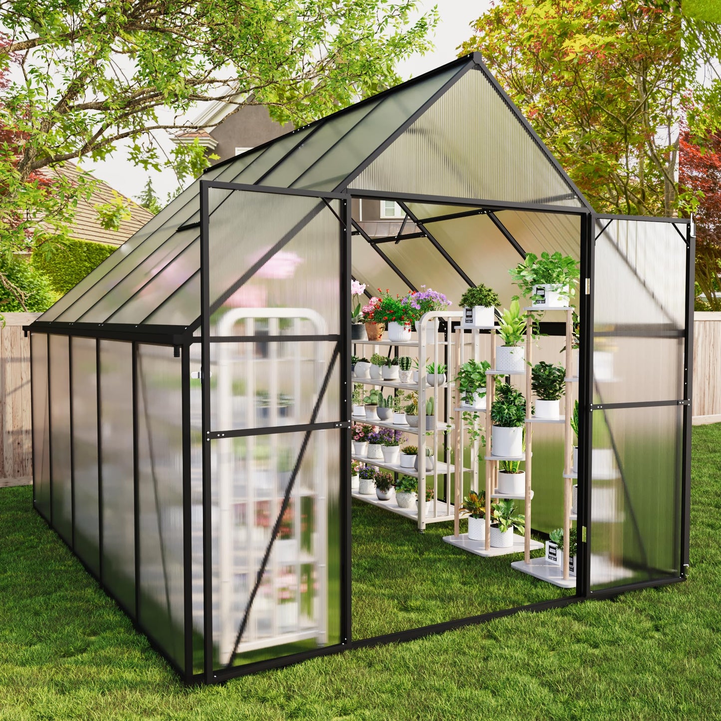 Gotland 8x6FT Greenhouses for Outdoors, Outdoor Greenhouse with Adjustable Roof Vent Aluminum Frame Dual-Side Rain Gutters Ground Nails Secure Lock Polycarbonate Panels for Garden, Patio