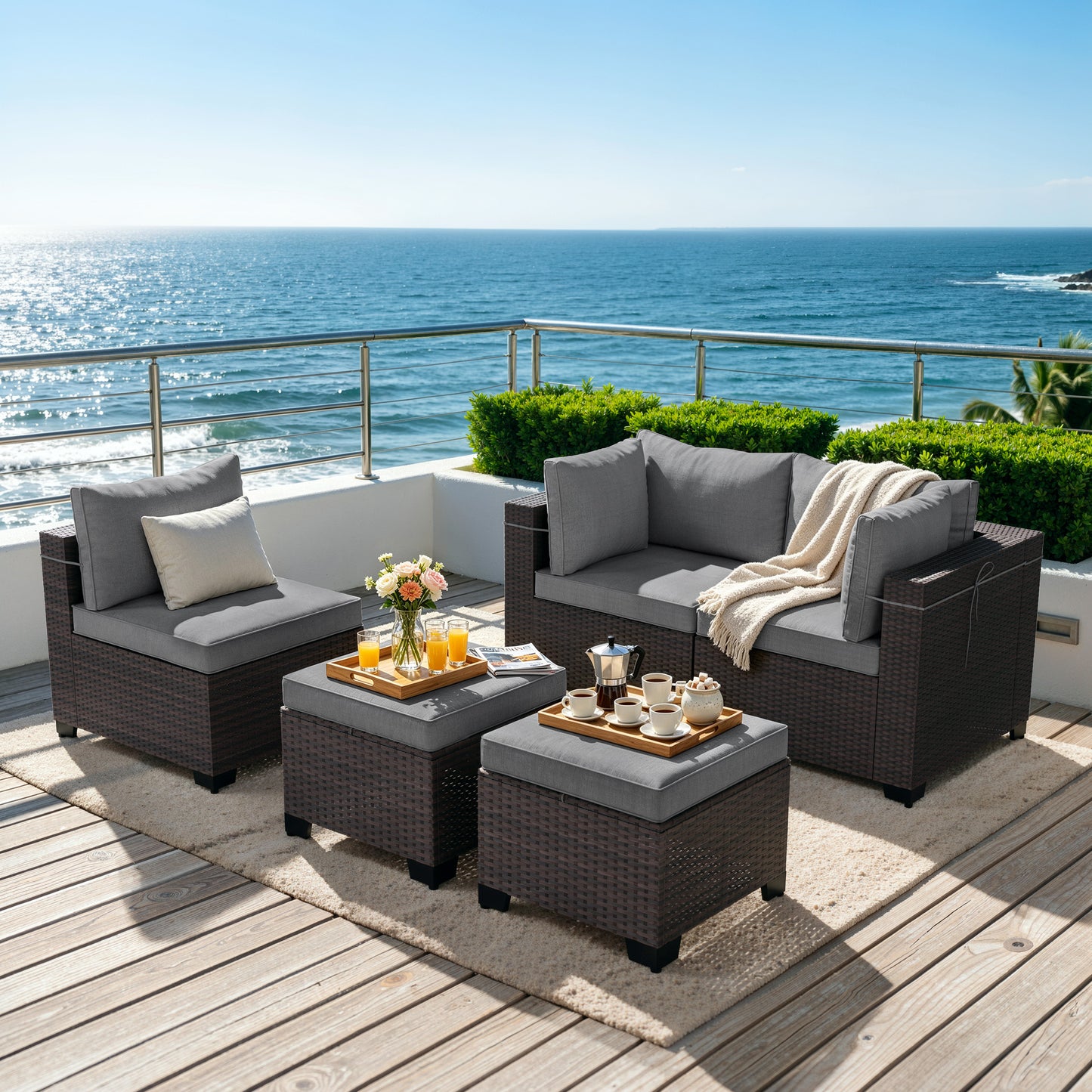ALAULM 9PCS Outdoor Conversation Set, Thick Backrest Patio PE Rattan Wicker Sectional Sofas with Ottoman for Backyard, Porch, Sand