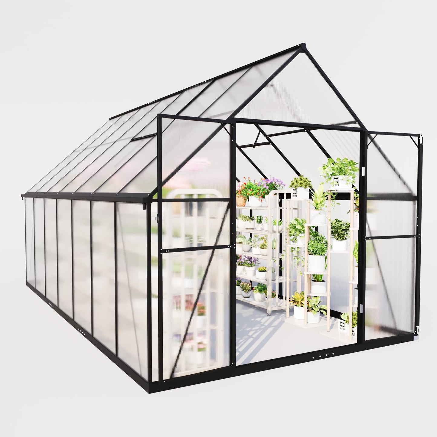 Gotland 8x6FT Greenhouses for Outdoors, Outdoor Greenhouse with Adjustable Roof Vent Aluminum Frame Dual-Side Rain Gutters Ground Nails Secure Lock Polycarbonate Panels for Garden, Patio