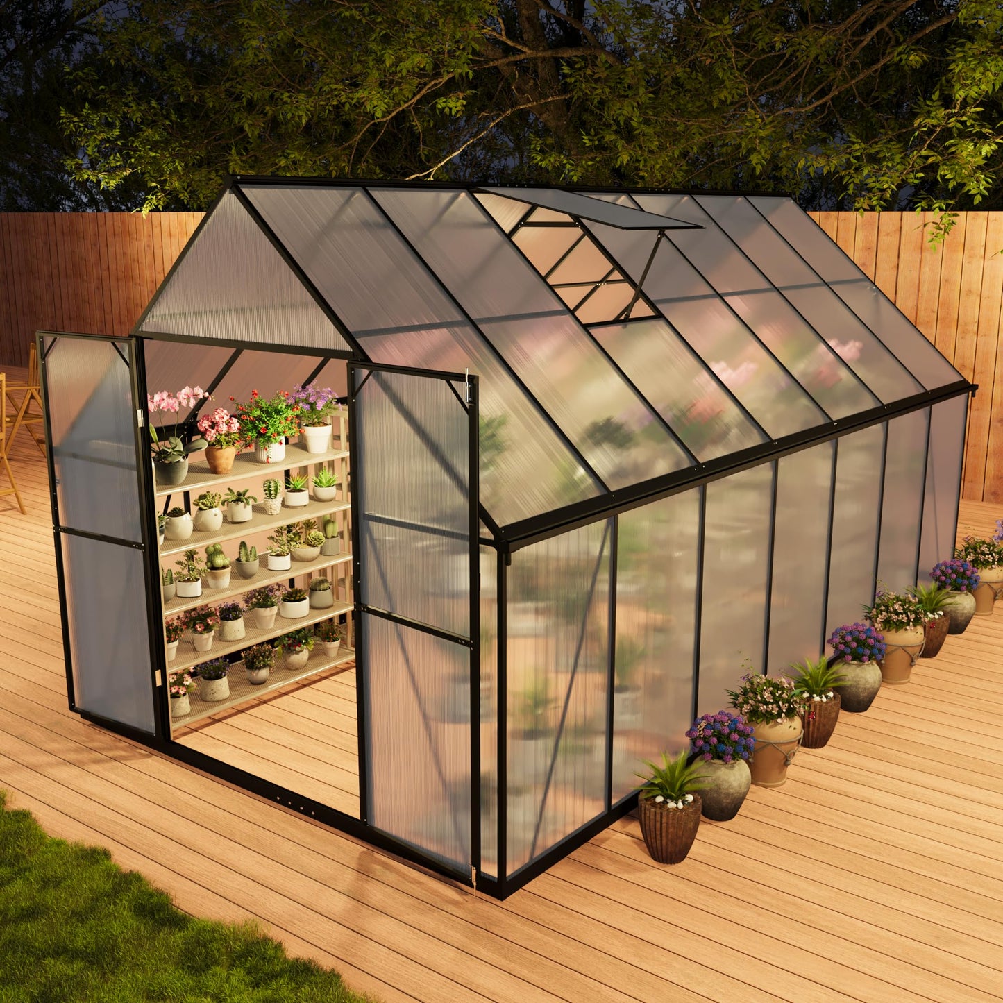 Gotland 8x6FT Greenhouses for Outdoors, Outdoor Greenhouse with Adjustable Roof Vent Aluminum Frame Dual-Side Rain Gutters Ground Nails Secure Lock Polycarbonate Panels for Garden, Patio