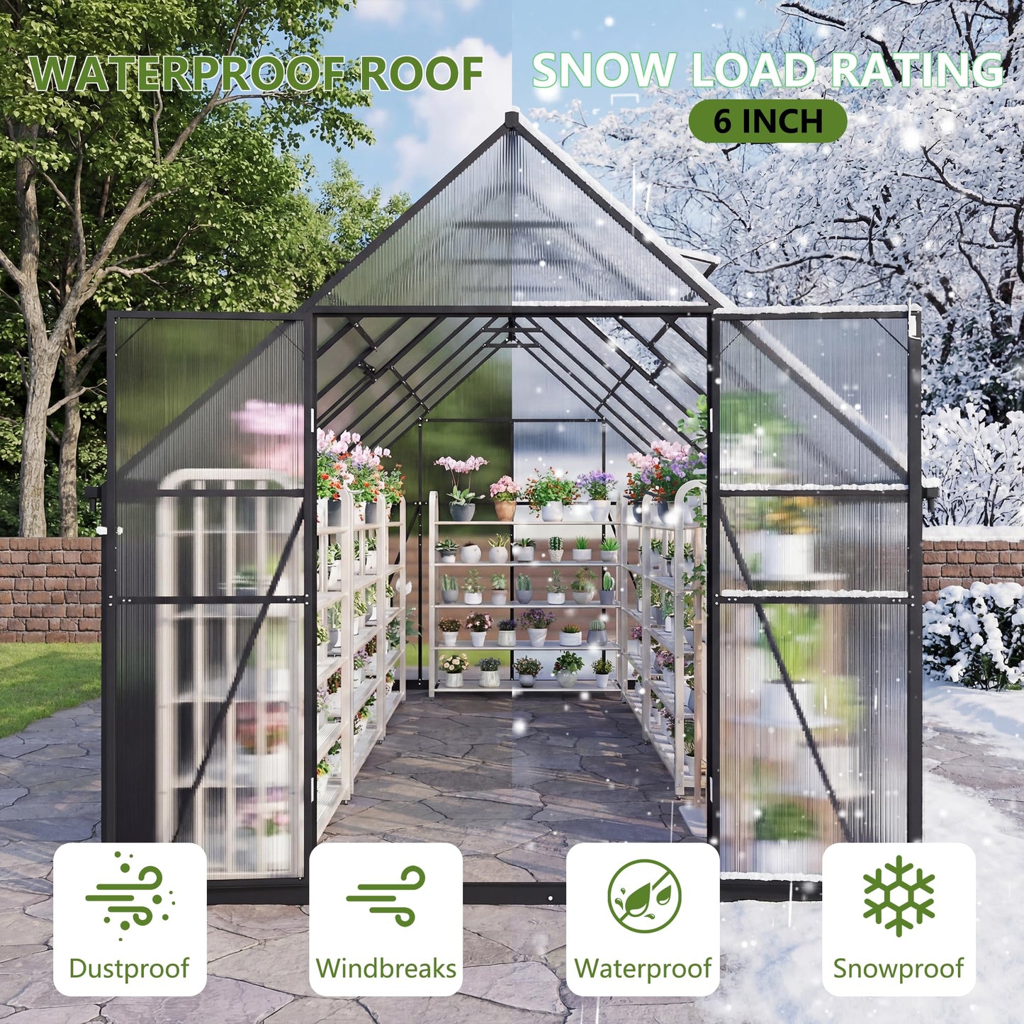 Gotland 8x6FT Greenhouses for Outdoors, Outdoor Greenhouse with Adjustable Roof Vent Aluminum Frame Dual-Side Rain Gutters Ground Nails Secure Lock Polycarbonate Panels for Garden, Patio
