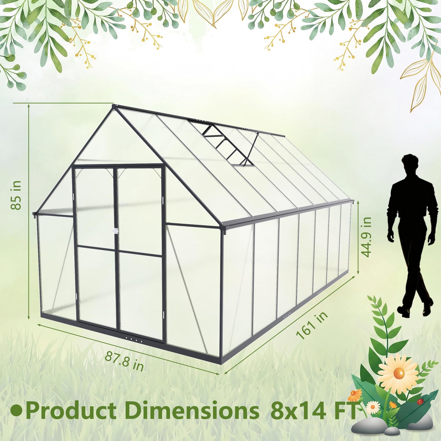 Gotland 8x6FT Greenhouses for Outdoors, Outdoor Greenhouse with Adjustable Roof Vent Aluminum Frame Dual-Side Rain Gutters Ground Nails Secure Lock Polycarbonate Panels for Garden, Patio