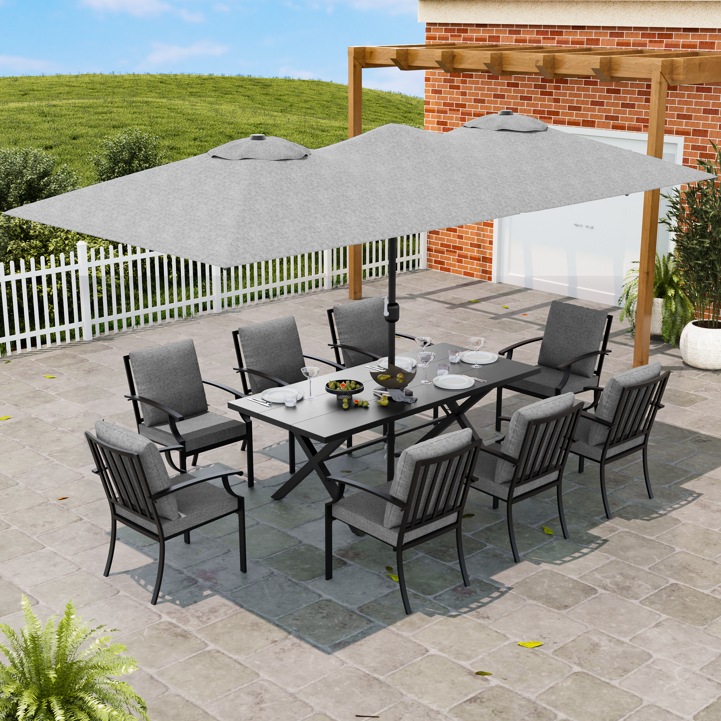 ALAULM Patio Dining Set w/14FT Umbrella, Metal Outdoor Furniture Set w/Rectangular table or Patio, Backyard, Garden, Poolside