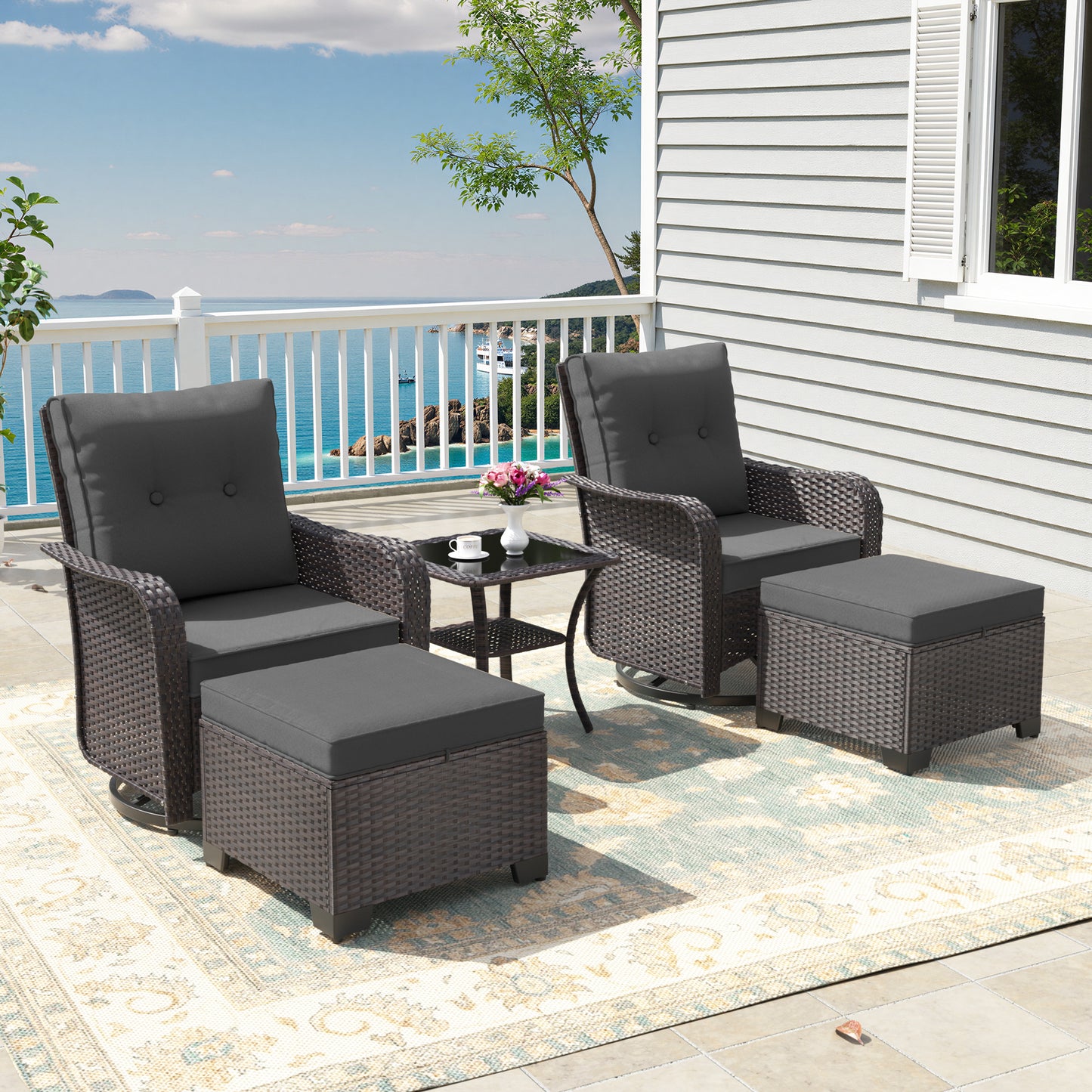 ALAULM 5 Pieces Patio Furniture Set with 4" Thick Cushions, 2 High Back Outdoor Swivel Rocker Chairs with 2 Ottoman & Side Table, 5-Piece All Weather Chairs Set for Porch Deck Pool Yard