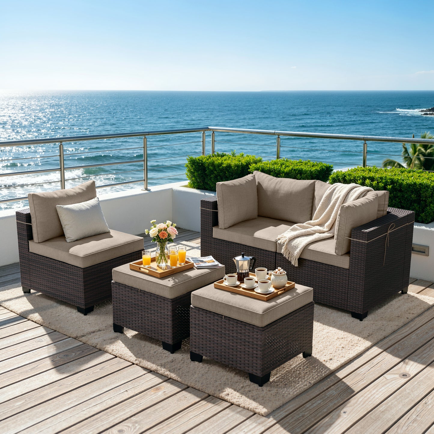 ALAULM 9PCS Outdoor Conversation Set, Thick Backrest Patio PE Rattan Wicker Sectional Sofas with Ottoman for Backyard, Porch, Sand