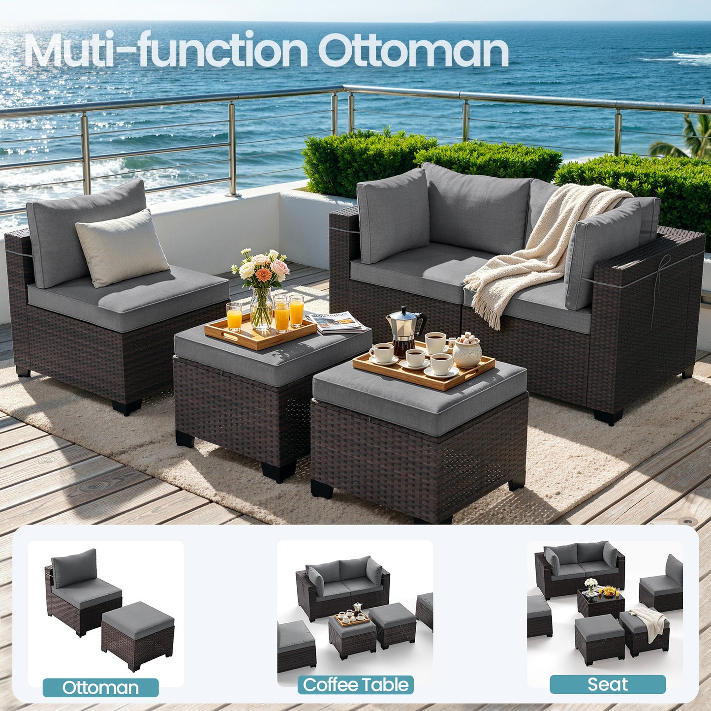 ALAULM 9PCS Outdoor Conversation Set, Thick Backrest Patio PE Rattan Wicker Sectional Sofas with Ottoman for Backyard, Porch, Sand