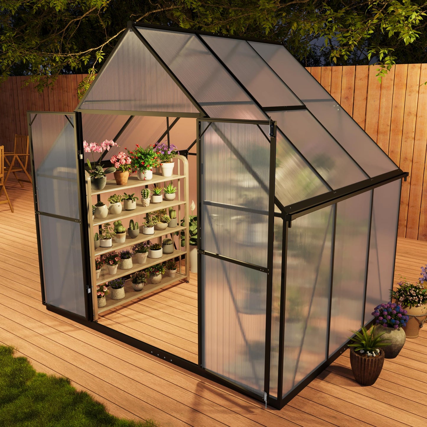 Gotland 8x6FT Greenhouses for Outdoors, Outdoor Greenhouse with Adjustable Roof Vent Aluminum Frame Dual-Side Rain Gutters Ground Nails Secure Lock Polycarbonate Panels for Garden, Patio