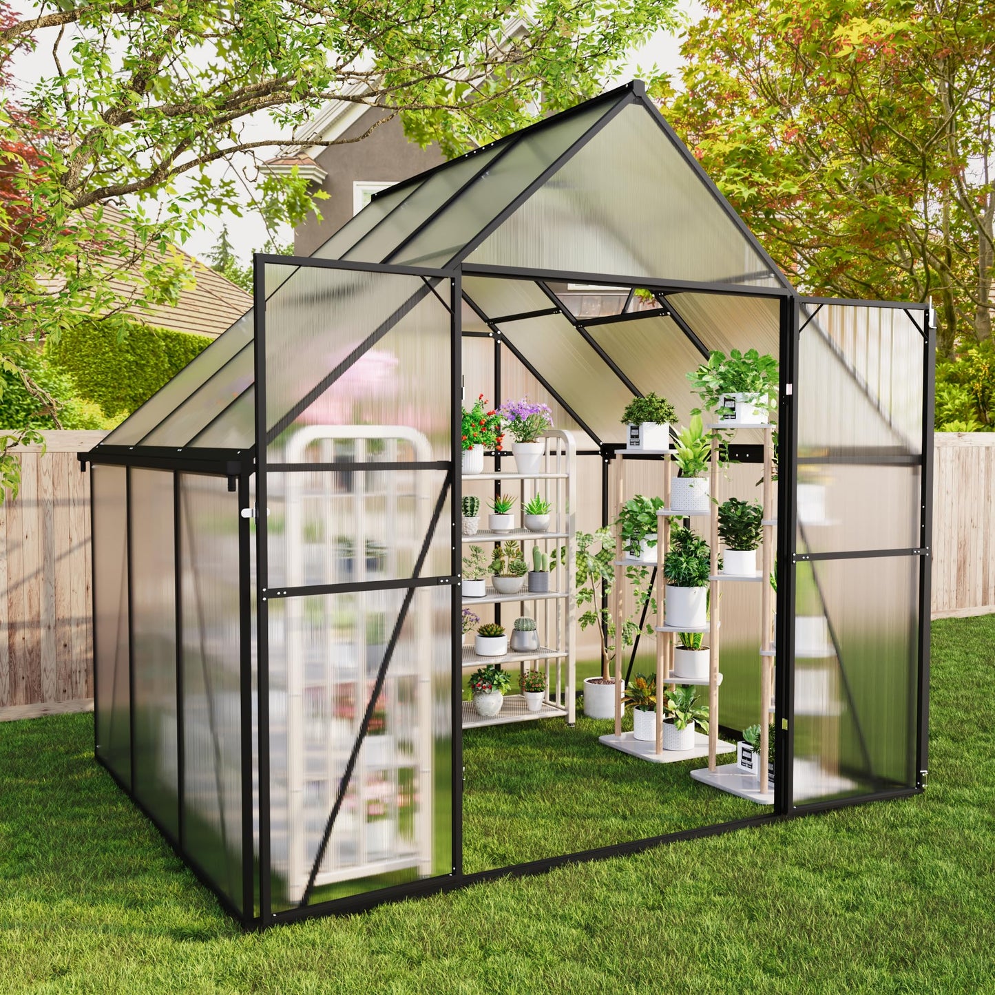 Gotland 8x6FT Greenhouses for Outdoors, Outdoor Greenhouse with Adjustable Roof Vent Aluminum Frame Dual-Side Rain Gutters Ground Nails Secure Lock Polycarbonate Panels for Garden, Patio