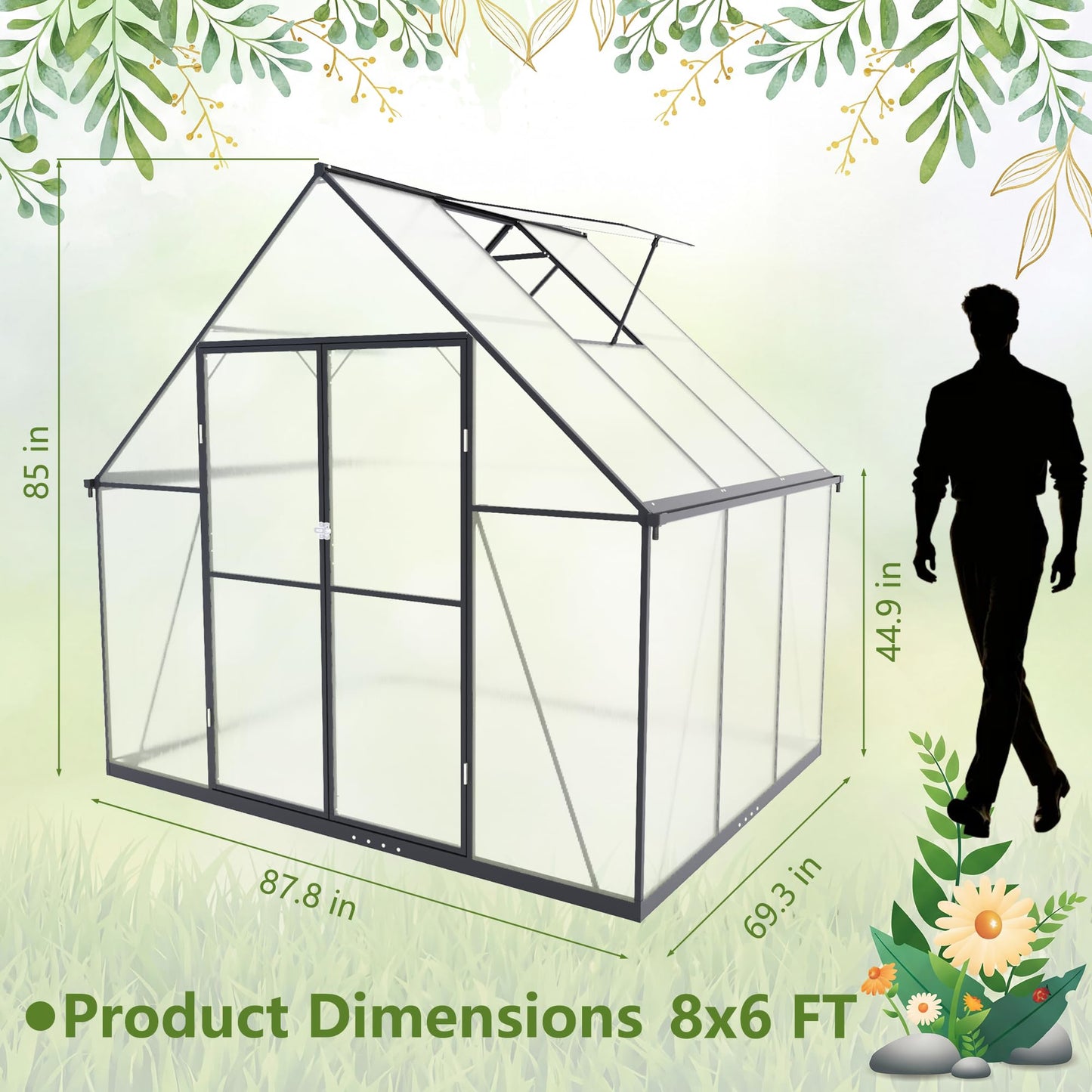 Gotland 8x6FT Greenhouses for Outdoors, Outdoor Greenhouse with Adjustable Roof Vent Aluminum Frame Dual-Side Rain Gutters Ground Nails Secure Lock Polycarbonate Panels for Garden, Patio