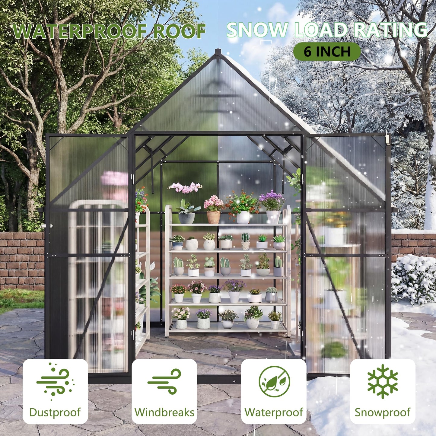Gotland 8x6FT Greenhouses for Outdoors, Outdoor Greenhouse with Adjustable Roof Vent Aluminum Frame Dual-Side Rain Gutters Ground Nails Secure Lock Polycarbonate Panels for Garden, Patio
