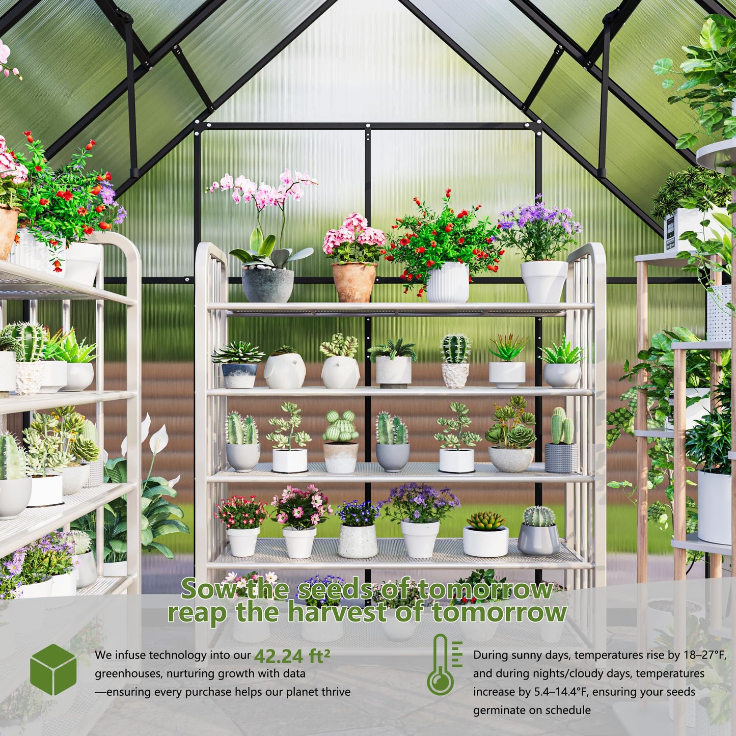 Gotland 8x6FT Greenhouses for Outdoors, Outdoor Greenhouse with Adjustable Roof Vent Aluminum Frame Dual-Side Rain Gutters Ground Nails Secure Lock Polycarbonate Panels for Garden, Patio