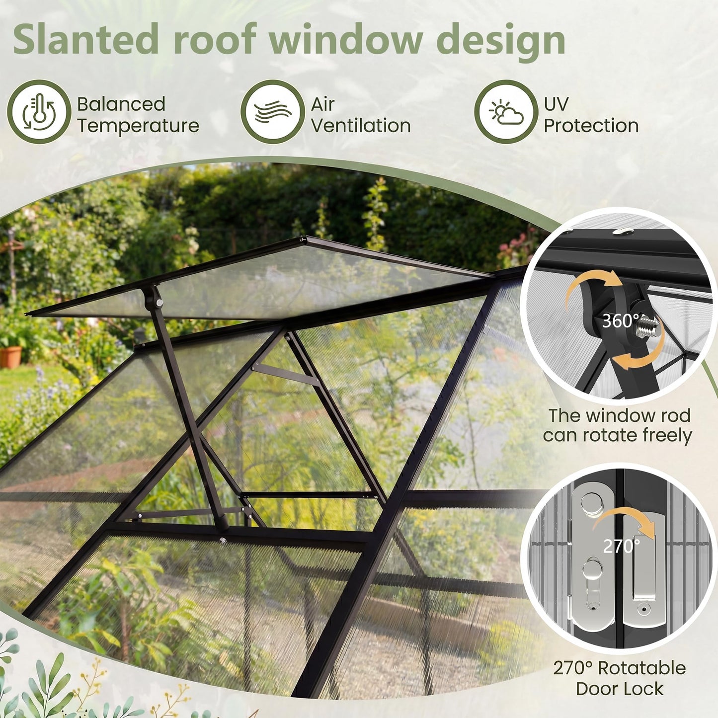 Gotland 8x6FT Greenhouses for Outdoors, Outdoor Greenhouse with Adjustable Roof Vent Aluminum Frame Dual-Side Rain Gutters Ground Nails Secure Lock Polycarbonate Panels for Garden, Patio