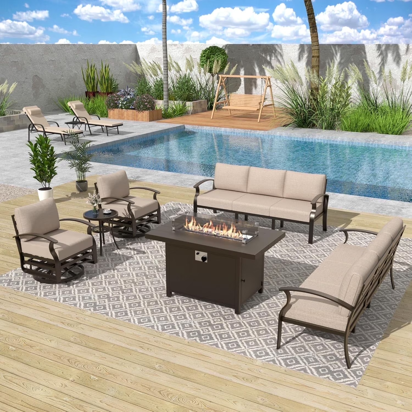 ALAULM Aluminum Patio Furniture Set with Propane Fire Pit Table 8-seat Metal Outdoor Furniture w/Fire Pit Patio Sectional w/5.1" Cushions for Patio, Backyard, Poolside
