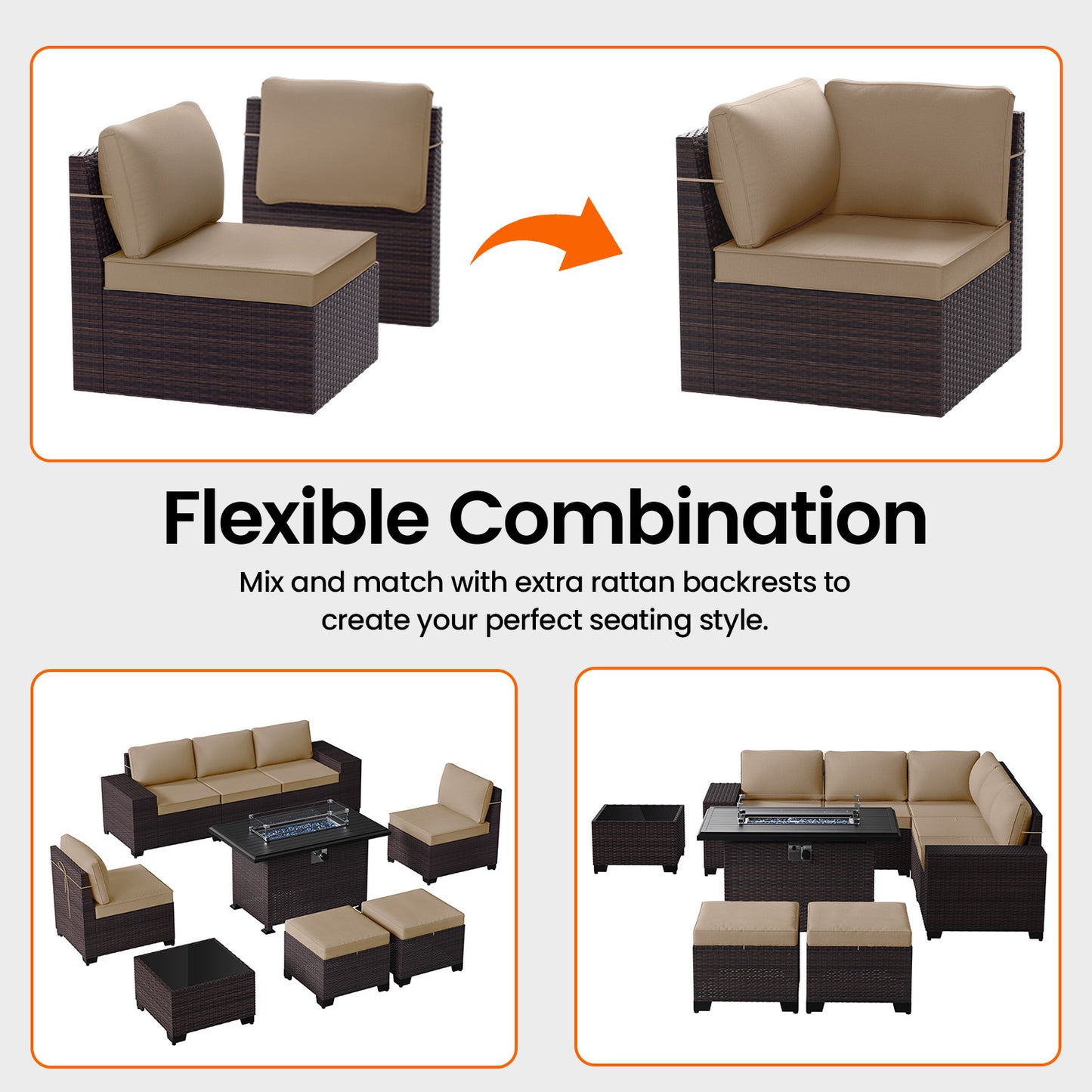 ALAULM 8PCS Outdoor Conversation Set, Wide Armrest Patio PE Rattan Wicker Sectional Sofas with Ottoman for Backyard, Porch, Sand