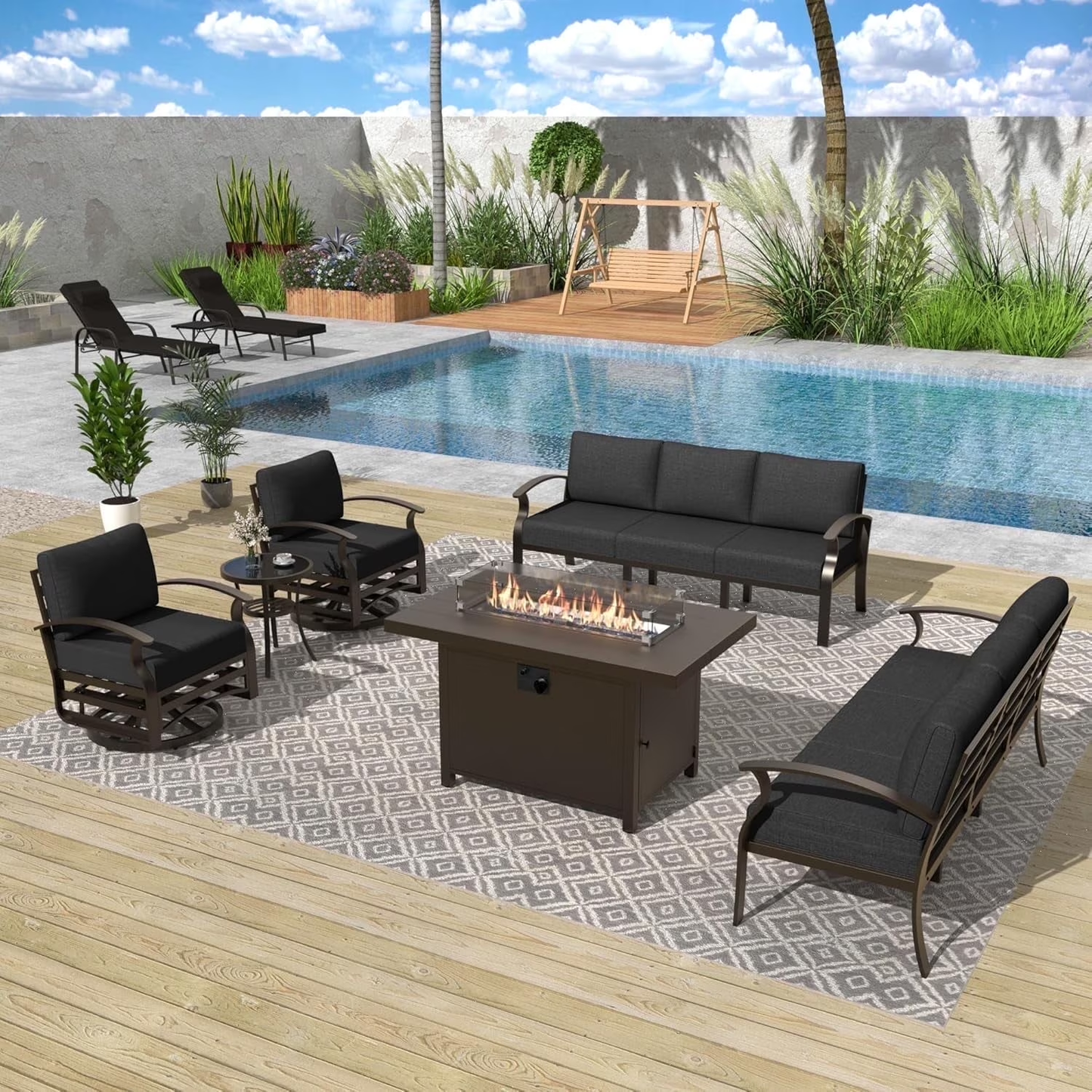 ALAULM Aluminum Patio Furniture Set with Propane Fire Pit Table 8-seat Metal Outdoor Furniture w/Fire Pit Patio Sectional w/5.1" Cushions for Patio, Backyard, Poolside