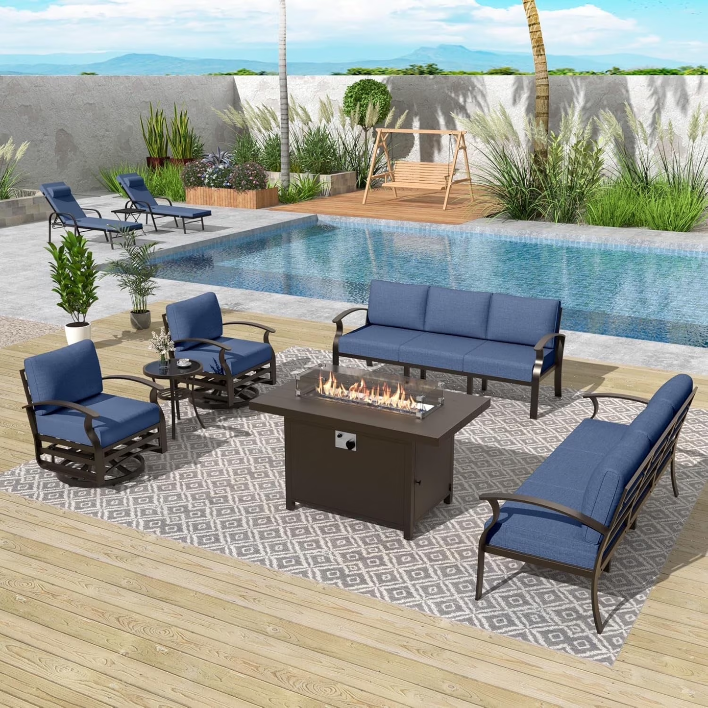 ALAULM Aluminum Patio Furniture Set with Propane Fire Pit Table 8-seat Metal Outdoor Furniture w/Fire Pit Patio Sectional w/5.1" Cushions for Patio, Backyard, Poolside