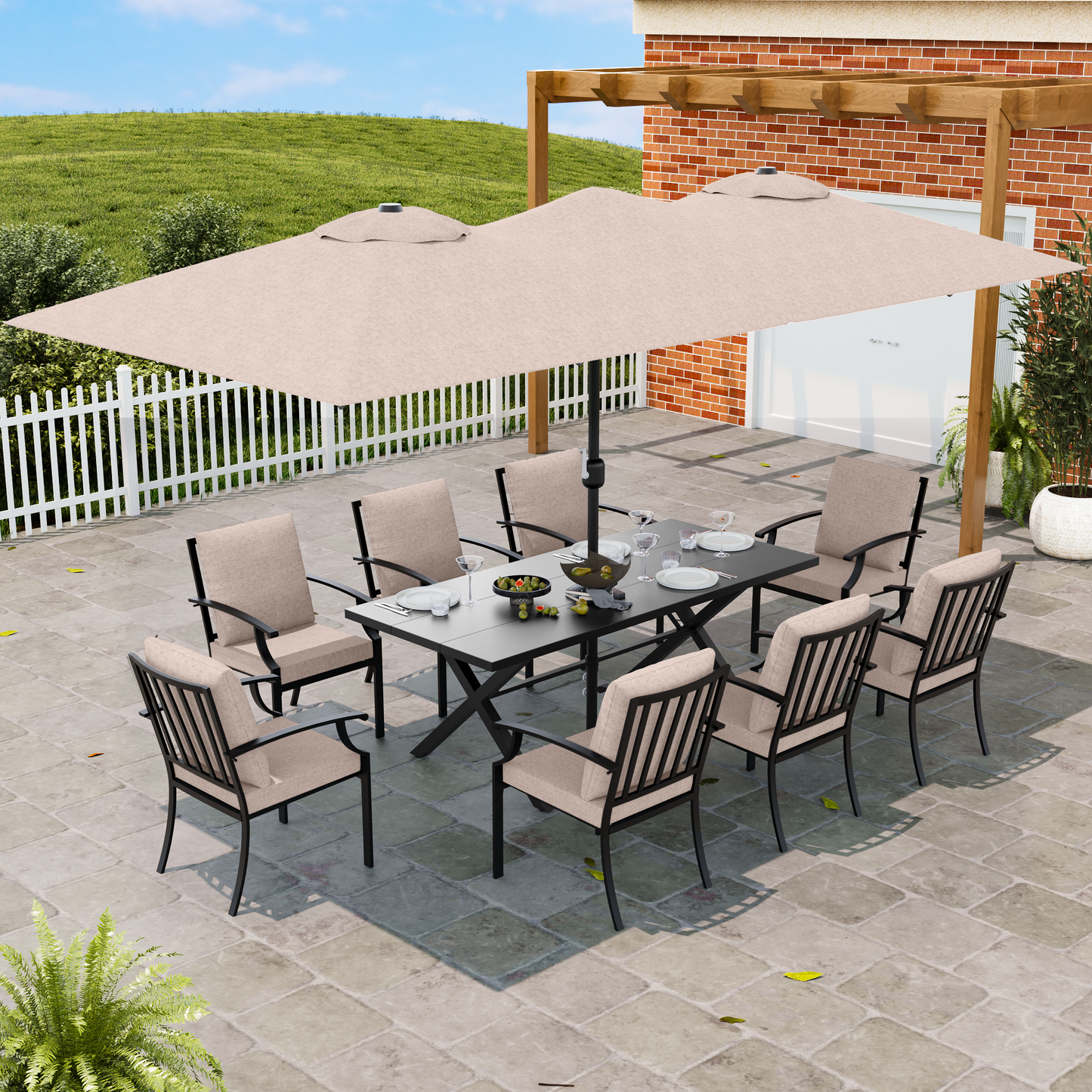 ALAULM Patio Dining Set w/14FT Umbrella, Metal Outdoor Furniture Set w/Rectangular table or Patio, Backyard, Garden, Poolside